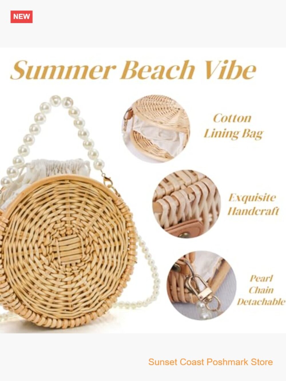 Round Rattan Bag Hand-woven Wicker Basket Purse Boho Crossbody With Pearl Strap - Picture 4 of 7